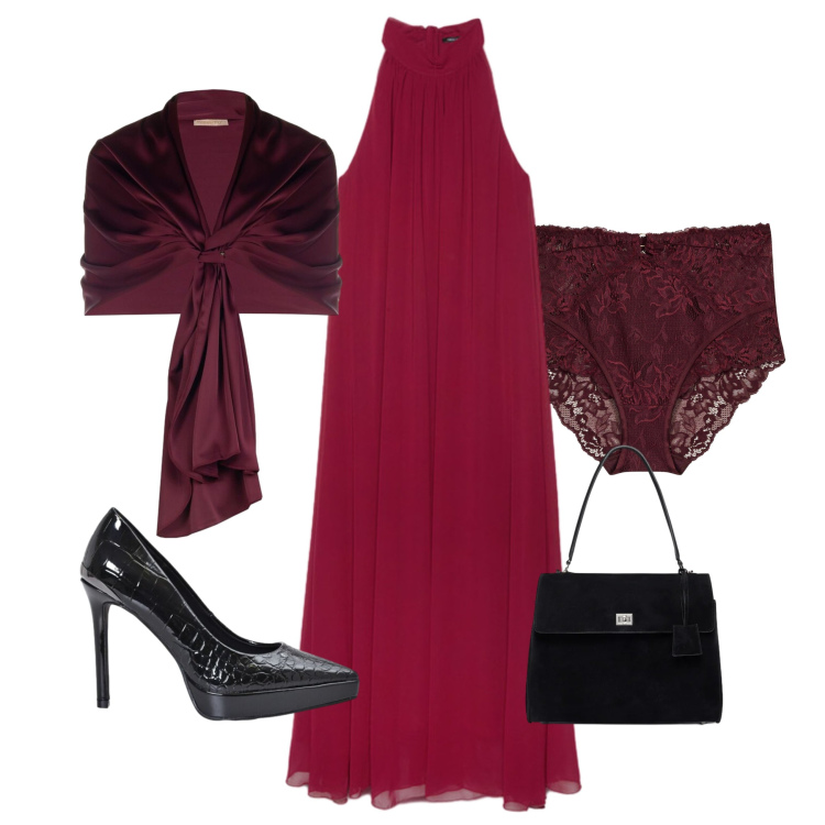Outfit donna - Cena fuori. Stile Chic per Serata fuori. Abbinamento con vestiti lunghi, borse a mano, stole, décolleté, culotte.