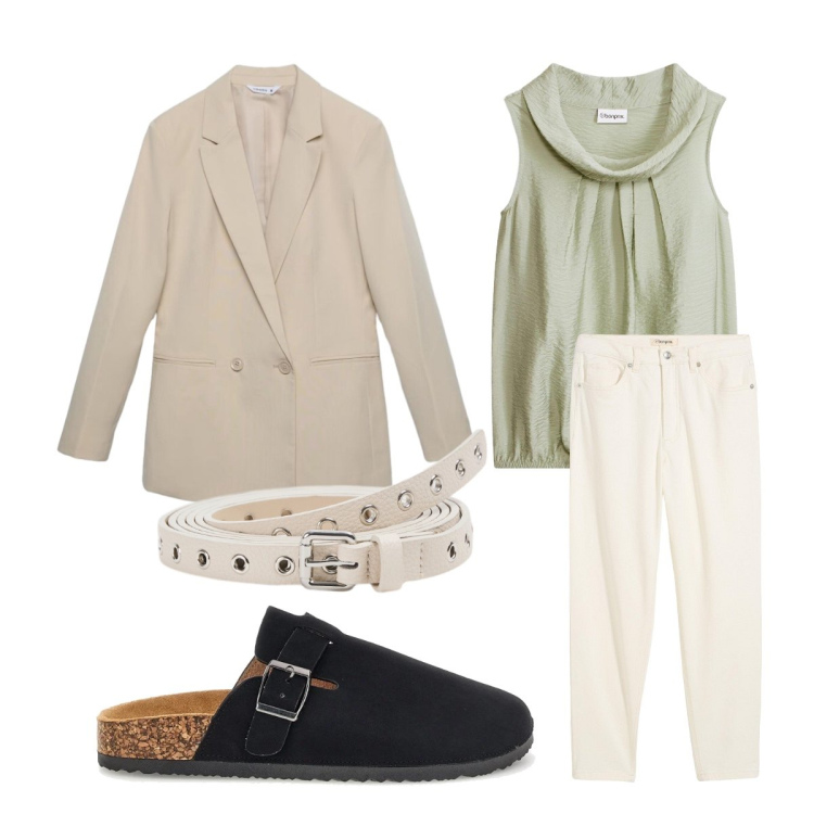 Outfit donna - Sunday confortevole. Stile Casual per Tutti i giorni. Abbinamento con blazer, cinture, jeans mom, top, sabot.