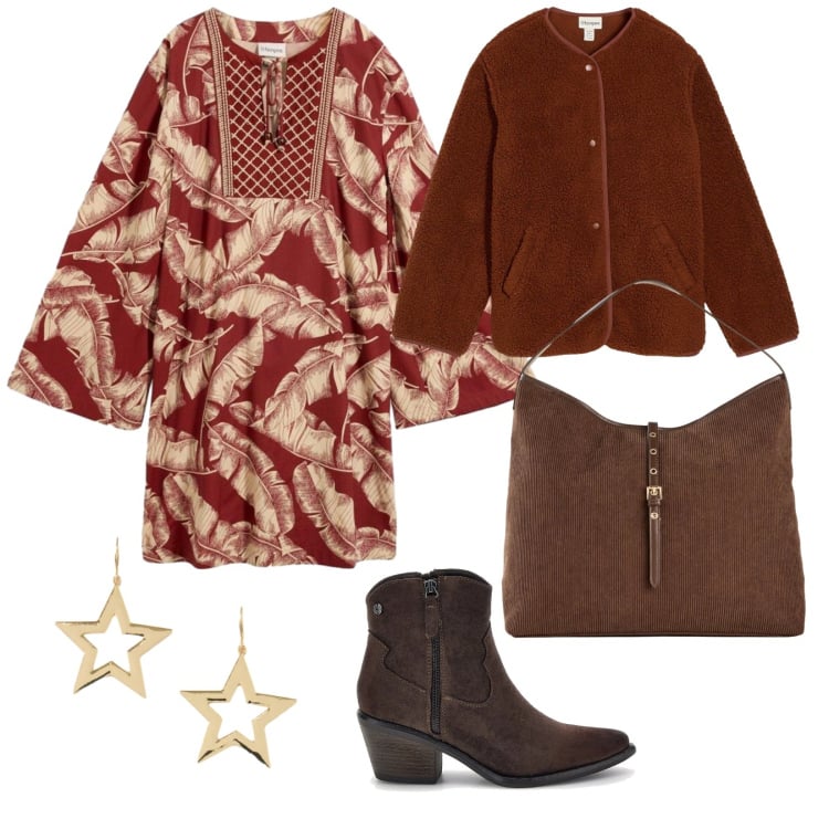 Outfit donna - Boho autunno. per Tutti i giorni. Abbinamento con orecchini, stivaletti texani, blazer, vestiti, shopping bag.