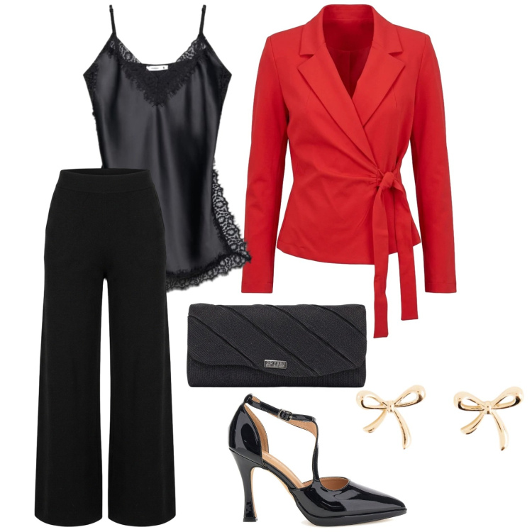 Outfit donna - Cena per noi due. per Serata fuori. Abbinamento con pantaloni a palazzo, blazer, top, décolleté, pochette, orecchini.