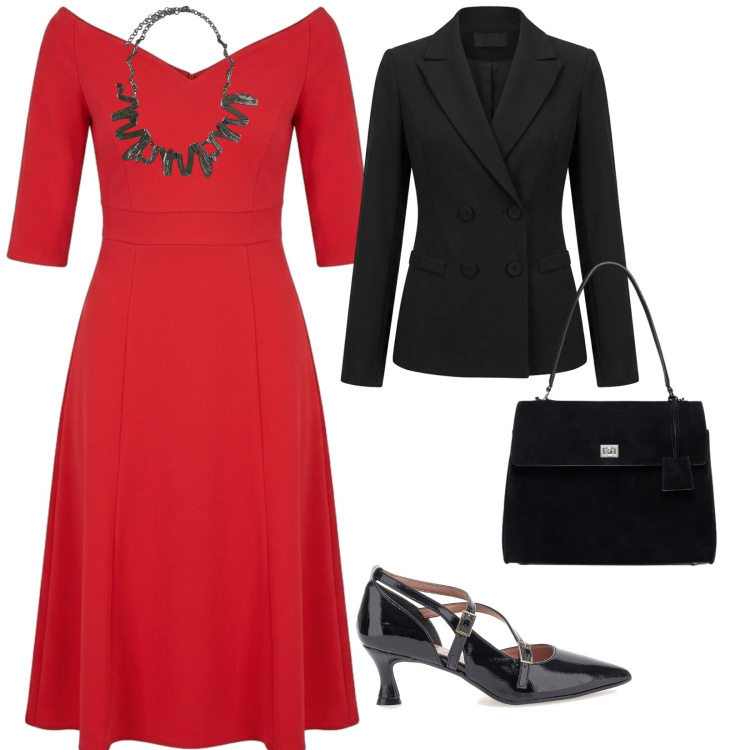 Outfit donna - A teatro. per Serata fuori. Abbinamento con borse a mano, ciondoli, vestiti midi/longuette, blazer, décolleté.