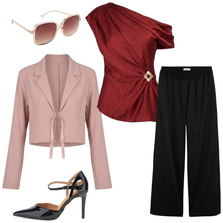 Outfit donna - Oggi così. Stile Casual chic per Tutti i giorni. look ideale per Petite. Abbinamento con top, bolero, pantaloni a palazzo, occhiali da sole, décolleté.
