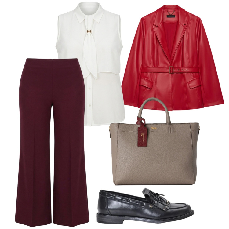 Outfit donna - Pop- Red a lavoro. per Ufficio. Abbinamento con borse a mano, blazer, camicie a manica corta, pantaloni a palazzo, mocassini.