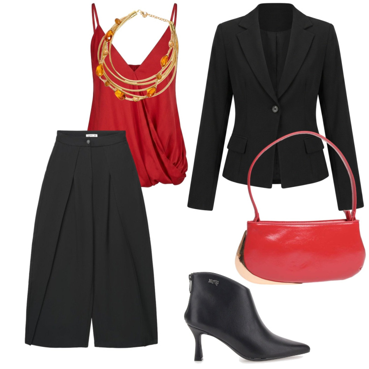 Outfit donna - Curvy red. per Serata fuori. Abbinamento con top, blazer, borse a spalla, collane, pantaloni a palazzo, stivaletti.