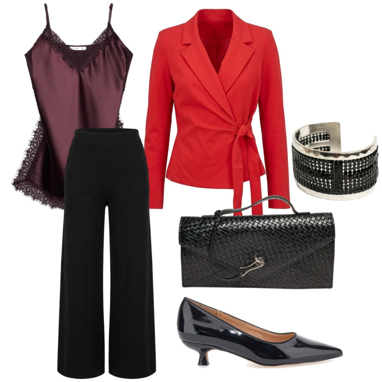 Outfit donna - Eleganza. per Serata fuori. Abbinamento con blazer, clutch, braccialetti, pantaloni a palazzo, top, décolleté.