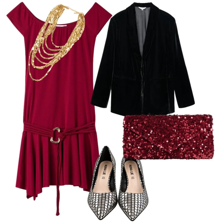 Outfit donna - Party in red. per Serata fuori. Abbinamento con clutch, décolleté, collane, vestiti corti, blazer.