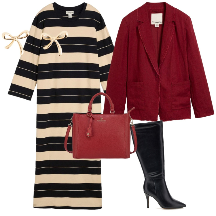Outfit donna - Red a lavoro. per Ufficio. Abbinamento con orecchini, vestiti, blazer, borse a tracolla, stivali.