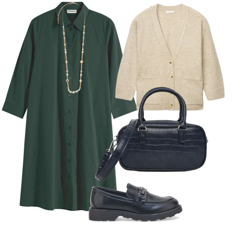 Outfit donna - Domenica in città. per Tutti i giorni. Abbinamento con collane, cardigans, borse a tracolla, vestiti chemisier, mocassini.