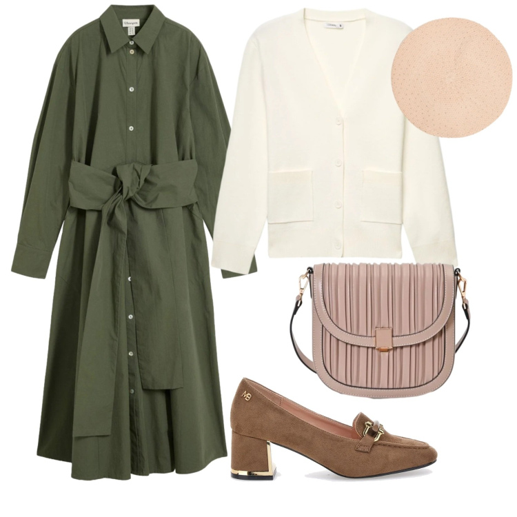 Outfit donna - In città. per Tutti i giorni. Abbinamento con borse a tracolla, cappelli e berretti, cardigans, mocassini, vestiti chemisier.