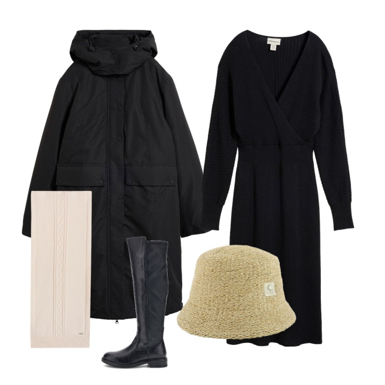 Outfit donna - Sunday minimal chic. Stile Minimal per Tutti i giorni. Abbinamento con sciarpe, cappelli, cappotti, vestiti, stivali sopra il ginocchio.