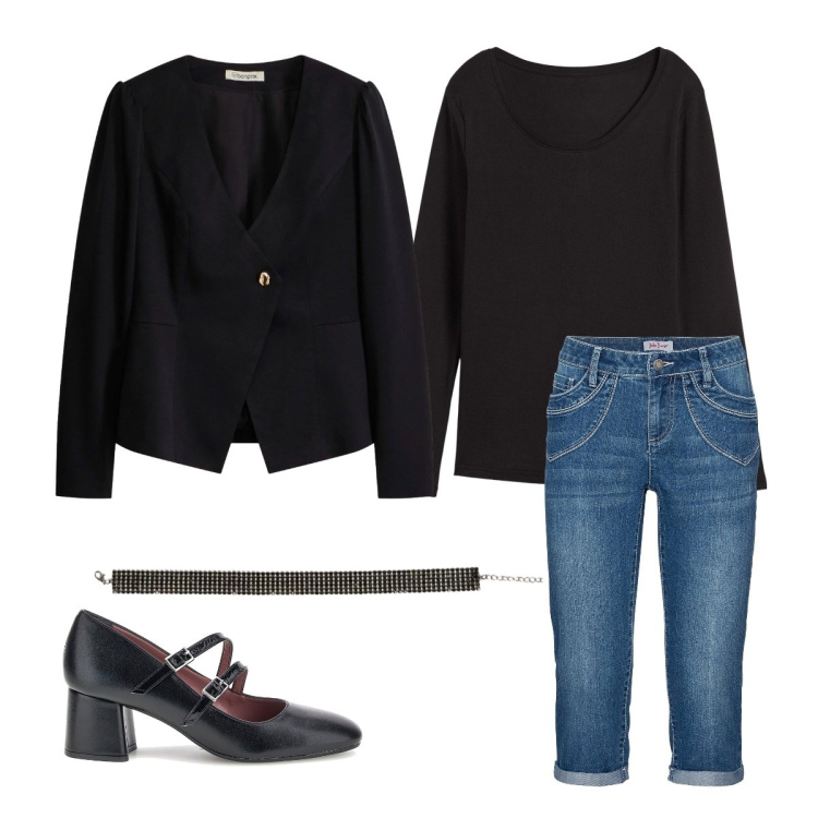Outfit donna - Sunday naturalmente chic. Stile Casual chic per Tutti i giorni. Abbinamento con collane, t-shirt, décolleté, blazer, jeans dritti.