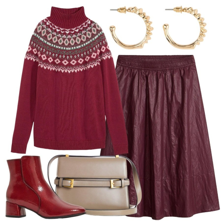 Outfit donna - Comoda per il pranzo. Stile Casual per Tutti i giorni. Abbinamento con gonne, stivaletti, maglieria, borse a tracolla, orecchini.