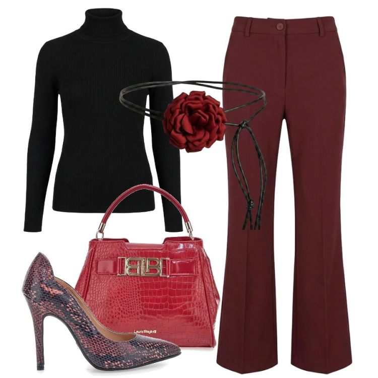 Outfit donna - Décolleté ad effetto. Stile Sporty chic per Serata fuori. Abbinamento con cinture, pantaloni, maglieria, décolleté, borse a mano.