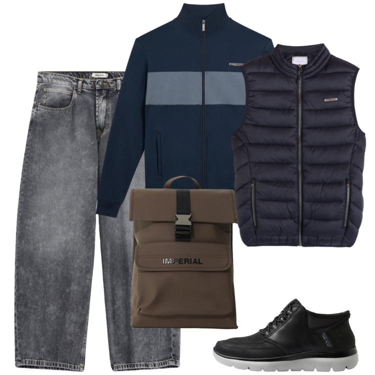 Outfit uomo - Total look #2495347. Stile Casual per Tutti i giorni. Abbinamento con jeans, borse sportive, piumini, felpe, sneakers.