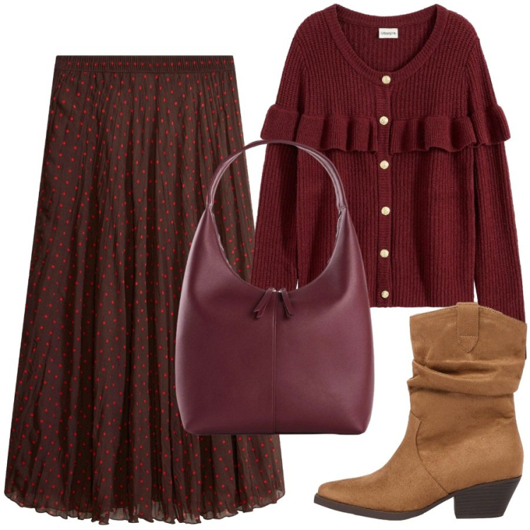 Outfit donna - La gonna a pois. Stile Romantica per Tutti i giorni. Abbinamento con gonne lunghe, cardigans, stivaletti texani, borse a mano.