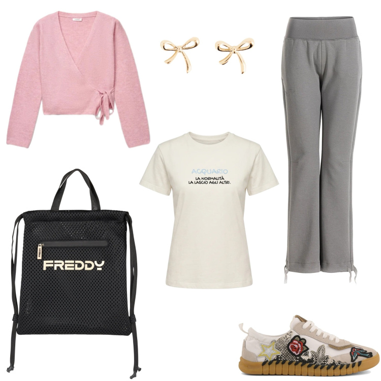 Outfit donna - Passeggiata al parco e musei. Stile Casual chic per Tutti i giorni. look ideale per Petite. Abbinamento con zaini, t-shirt, cardigans, sneakers, pantaloni, orecchini.