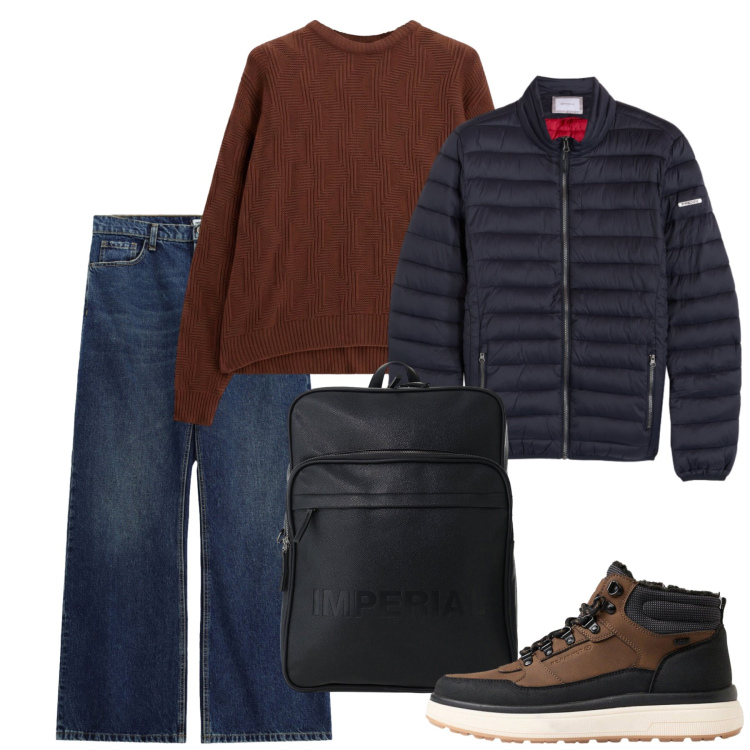 Outfit uomo - Gita nel weekend. Stile Casual per Tutti i giorni. Abbinamento con jeans, maglieria, borse sportive, piumini, stivali e stivaletti.