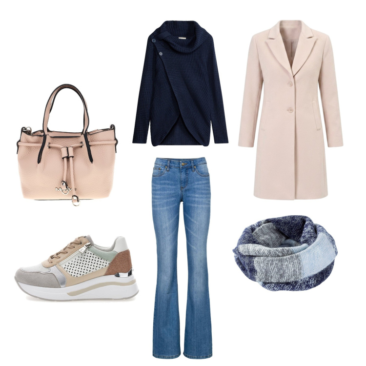 Outfit donna - Un tocco di rosa. Stile Casual chic per Ufficio. Abbinamento con cappotti, pullovers, sneakers alte, jeans bootcut, borse a spalla, foulard.