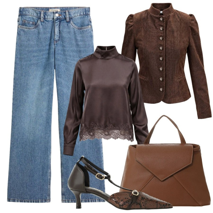 Outfit donna - Jeans e cioccolato. Stile Sporty chic per Ufficio. Abbinamento con bluse, blazer, décolleté, borse a mano, jeans.