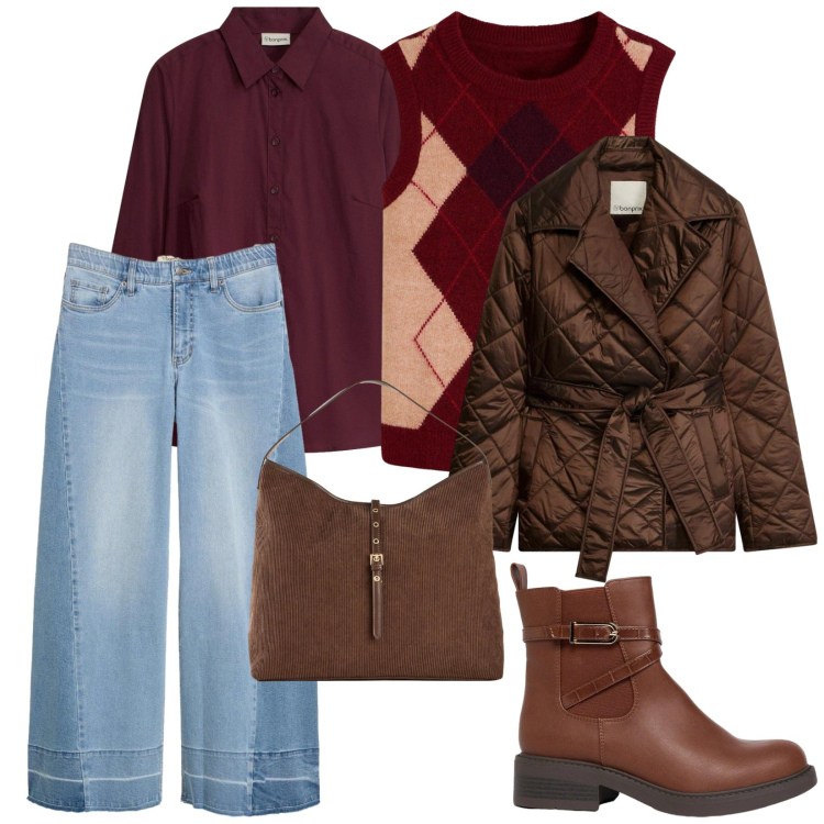Outfit donna - Freddo. per Tutti i giorni. Abbinamento con giacche, maglieria, jeans, stivaletti, camicie, shopping bag.