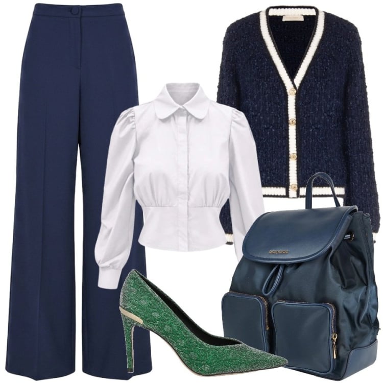Outfit donna - Chic alla riunione. Stile Chic per Ufficio. Abbinamento con camicie, pantaloni a palazzo, cardigans, décolleté, zaini.