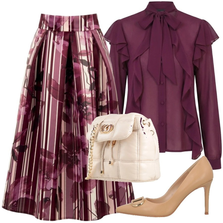 Outfit donna - Fiocchi e fiori alla cerimonia. Stile Romantica per Cerimonia. Abbinamento con gonne longuette, bluse, décolleté, valigie.