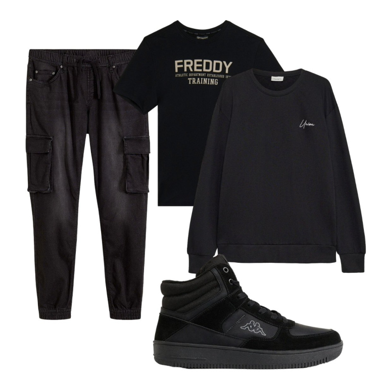 Outfit uomo - Total look #2495364. Stile Casual per Tutti i giorni. Abbinamento con t-shirt, sneakers alte, felpe, jeans slim fit.