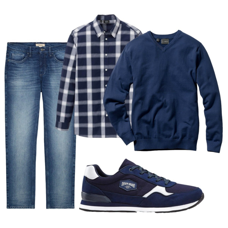 Outfit uomo - Total look #2495366. Stile Casual per Tutti i giorni. Abbinamento con maglieria, camicie, sneakers, jeans dritti.