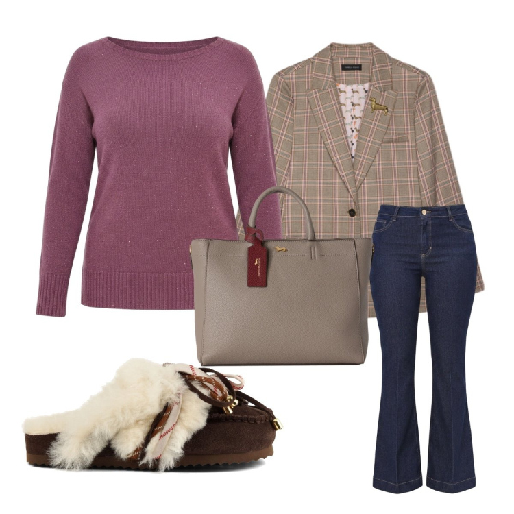 Outfit donna - Sunday Brunch in città - Focus Donna. Stile Casual chic per Tutti i giorni. Abbinamento con borse a mano, blazer, jeans a zampa, maglieria, sabot.