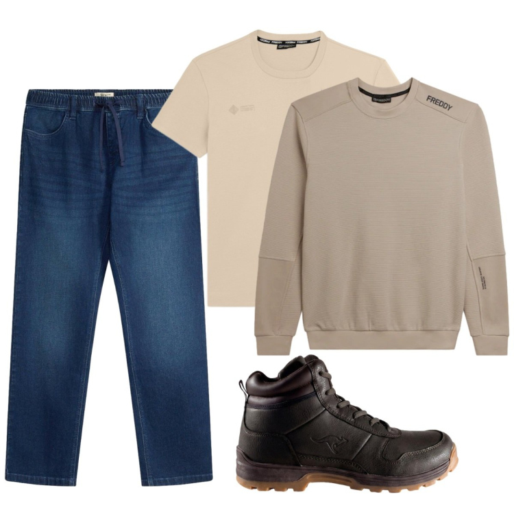 Outfit uomo - Total look #2495376. Stile Casual per Tutti i giorni. Abbinamento con felpe, t-shirt, jeans dritti, stivali e stivaletti.