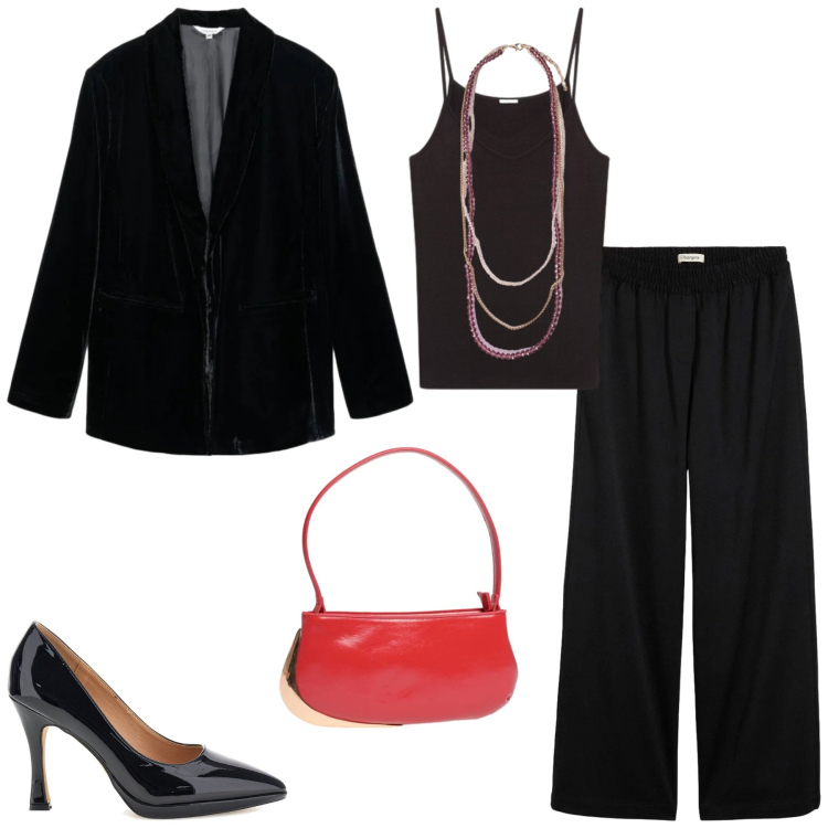 Outfit donna - Un po' di rosso. Stile Glamour per Serata fuori. Abbinamento con canottiere, collane, borse a spalla, blazer, pantaloni a palazzo, décolleté.