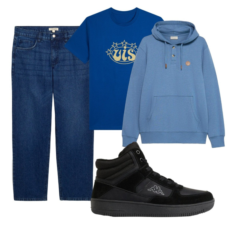 Outfit uomo - Total look #2495378. Stile Casual per Tutti i giorni. Abbinamento con t-shirt, sneakers alte, jeans dritti, felpe con cappuccio.