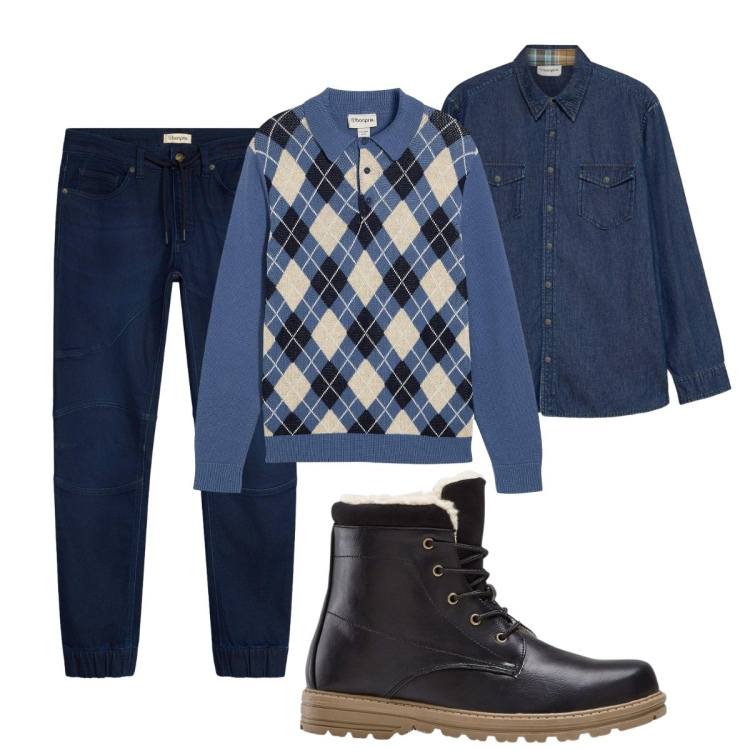 Outfit uomo - Total look #2495380. Stile Casual per Tutti i giorni. Abbinamento con stivali e stivaletti, camicie, jeans dritti, maglieria.
