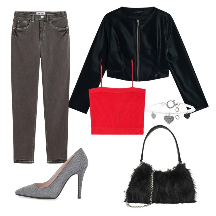 Outfit donna - Rosso che accende. Stile Sexy per Serata fuori. Abbinamento con blazer, braccialetti, top, borse a spalla, décolleté, jeans.