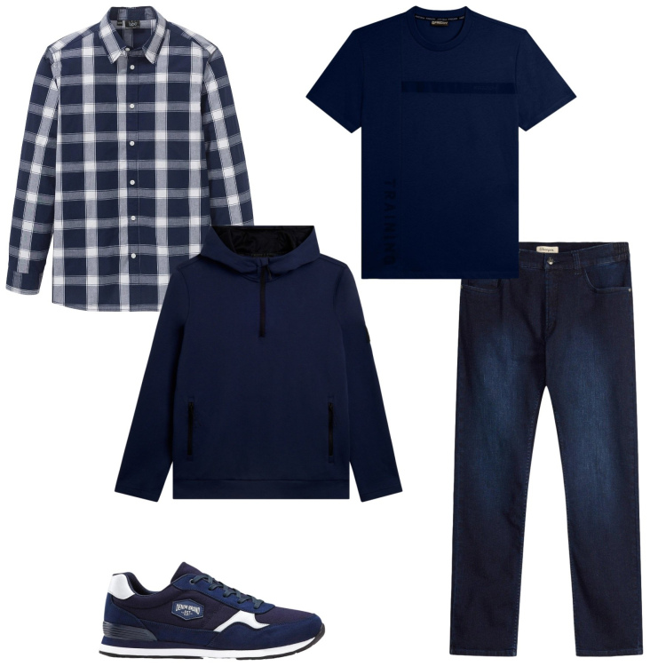 Outfit uomo - Weekend fuori porta. Stile Casual per Sport. Abbinamento con t-shirt, felpe con cappuccio, camicie, sneakers, jeans slim fit.