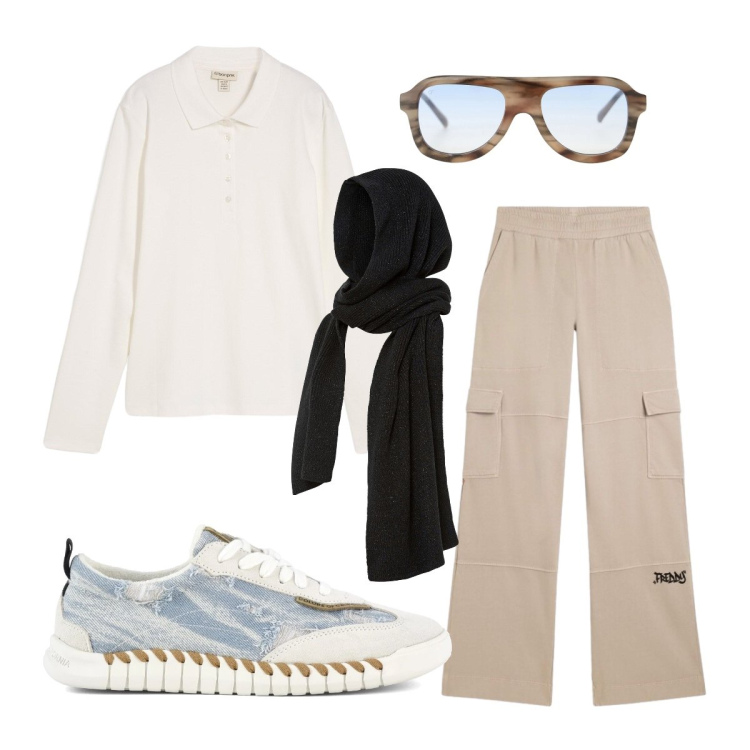 Outfit donna - Ufficio ottobre. Stile Casual per Ufficio. Abbinamento con occhiali da sole, pantaloni cargo, polo, sciarpe, sneakers.