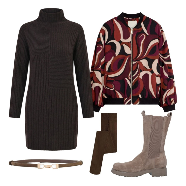 Outfit donna - L’abito dal fascino ricercato. Stile Minimal per Ufficio. Abbinamento con vestiti corti, stivali, cinture, bomber, collant.