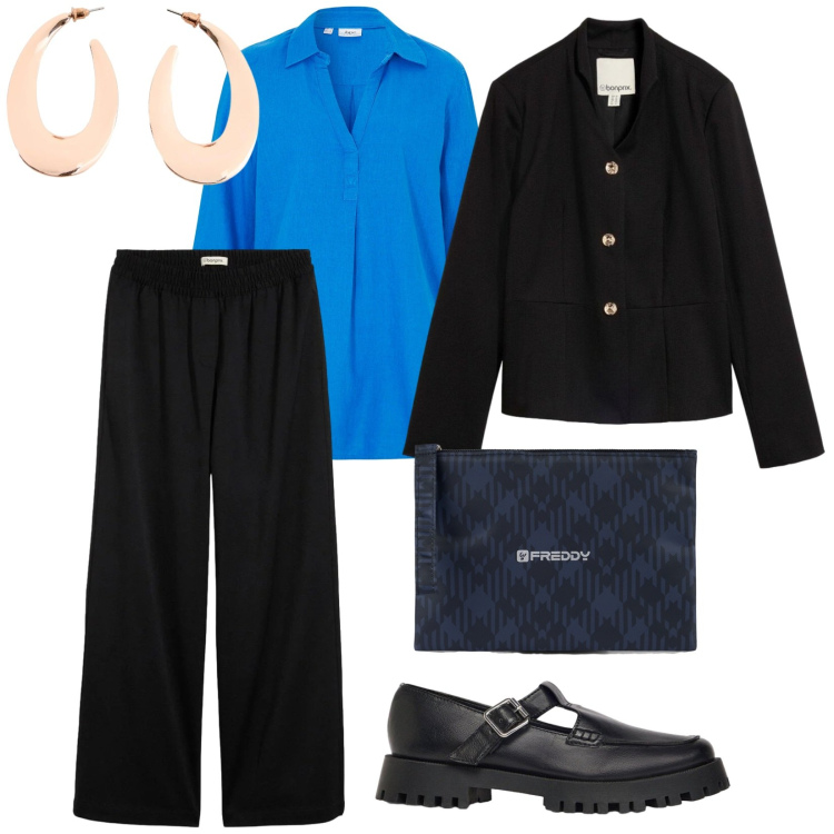Outfit donna - Mocassini. per Tutti i giorni. Abbinamento con clutch, bluse, blazer, pantaloni a palazzo, mocassini, orecchini.