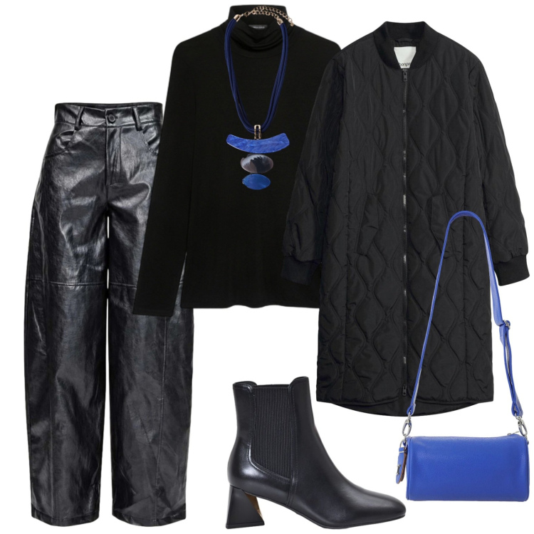Outfit donna - Il giaccone lungo. per Ufficio. Abbinamento con pantaloni a palazzo, borse a tracolla, maglieria, ciondoli, stivaletti, giacche.