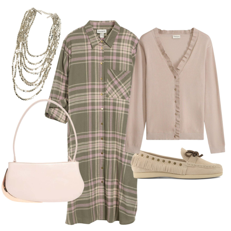 Outfit donna - Domenica in città. Stile Bon Ton per Tutti i giorni. Abbinamento con portafogli, collane, vestiti chemisier, cardigans, mocassini.