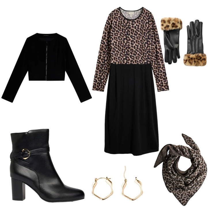 Outfit donna - Cozy Warm & Animalier. Stile Glamour per Serata fuori. Abbinamento con blazer, orecchini, sciarpe, vestiti midi/longuette, stivaletti, guanti.