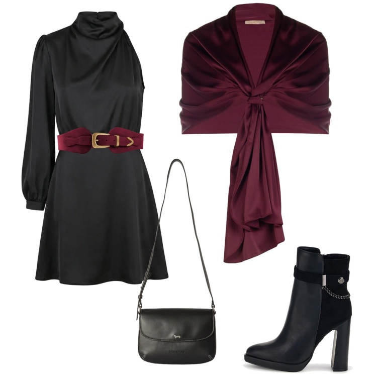 Outfit donna - Nero con tocco rosso. Stile Chic per Serata fuori. Abbinamento con borse a tracolla, stole, vestiti asimmetrici, cinture, stivaletti.