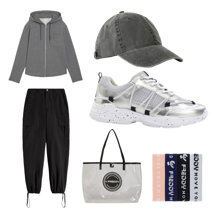 Outfit donna - Outfit Urban Casual & Sneakers Argento. per Sport. Abbinamento con pantaloni cargo, braccialetti, shopping bag, felpe con cappuccio, sneakers, cappelli con visiera.