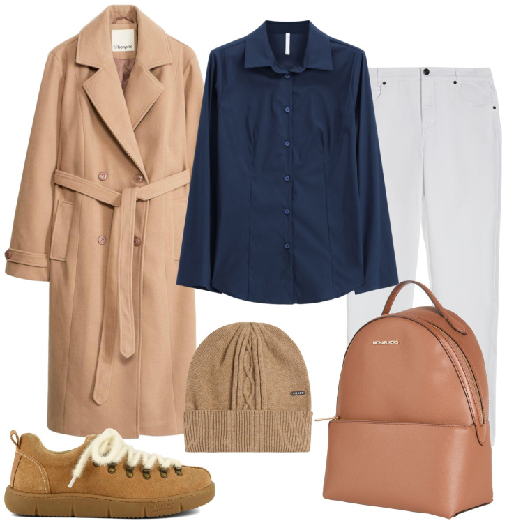 Outfit donna - Total look #2495402. Stile Casual chic per Tutti i giorni. Abbinamento con camicie, berretti, pantaloni skinny, zaini, sneakers, trench.