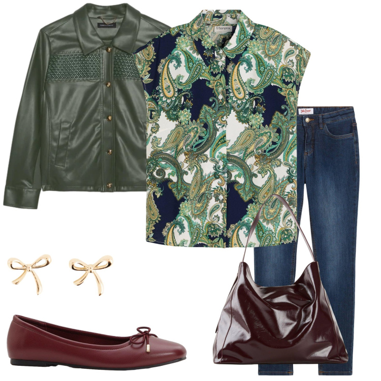 Outfit donna - Total look #2495408. Stile Casual chic per Tutti i giorni. Abbinamento con blazer, jeans skinny, camicie, ballerine, shopping bag, orecchini.