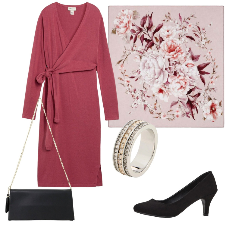 Outfit donna - Cena romantica autunno. Stile Bon Ton per Serata fuori. Abbinamento con foulard, borse a tracolla, vestiti, décolleté, anelli.