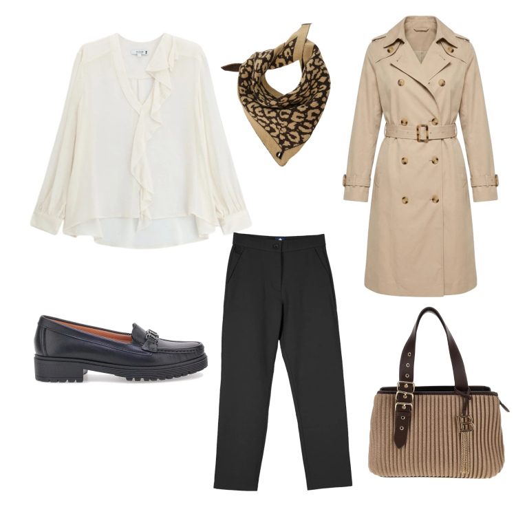 Outfit donna - Capsule Wardrobe:L'Eleganza dei Classici. Stile Casual chic per Ufficio. Abbinamento con bluse, foulard, pantaloni chino, trench, borse a mano, mocassini.