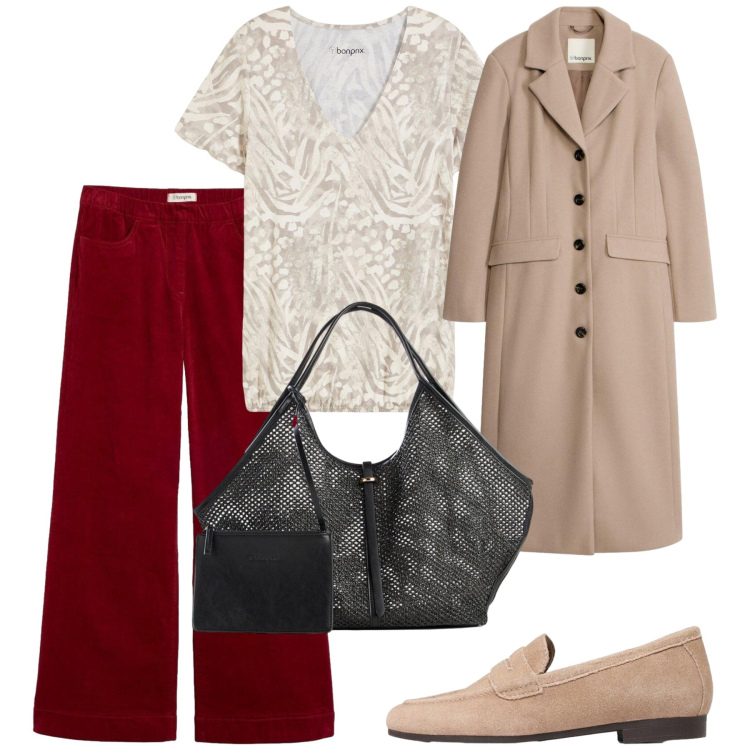 Outfit donna - Il cappotto cammello. Stile Bon Ton per Serata fuori. Abbinamento con pantaloni, bluse, mocassini, cappotti, shopping bag.