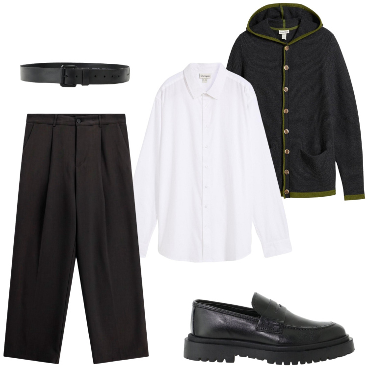 Outfit uomo - Total look #2495414. Stile Casual per Tutti i giorni. Abbinamento con cinture, scarpe stringate, pantaloni, camicie, cardigans.