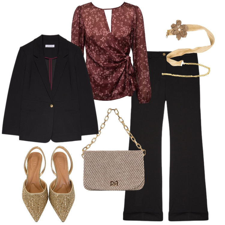 Outfit donna - Aperitivo glam curve morbide. Stile Glamour per Serata fuori. Abbinamento con pantaloni, blazer, borse a spalla, bluse, cinture, décolleté.